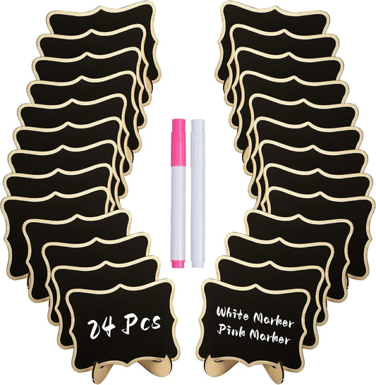 24 Pack Mini Chalkboard Signs for Food, Small Chalkboard Signs with Stands Chalk Markers & Replacement Stickers, Reusable Wooden Labels for Party Buffet Wedding, Blackboard Place Cards, Wavy