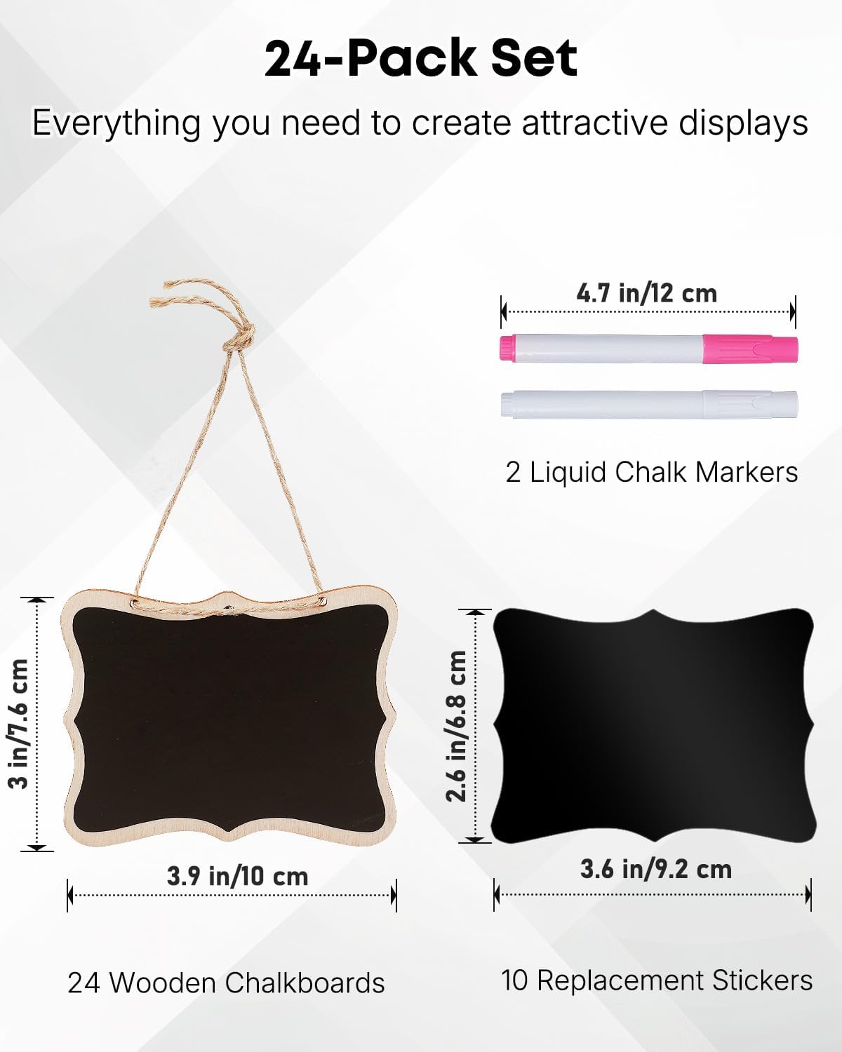 24 Pack Mini Chalkboard Signs for Food, Small Chalkboard Signs with Strings Chalk Markers & Replacement Stickers, Hanging Chalkboards Sign Reusable Wooden Food Labels for Party Buffet Wedding