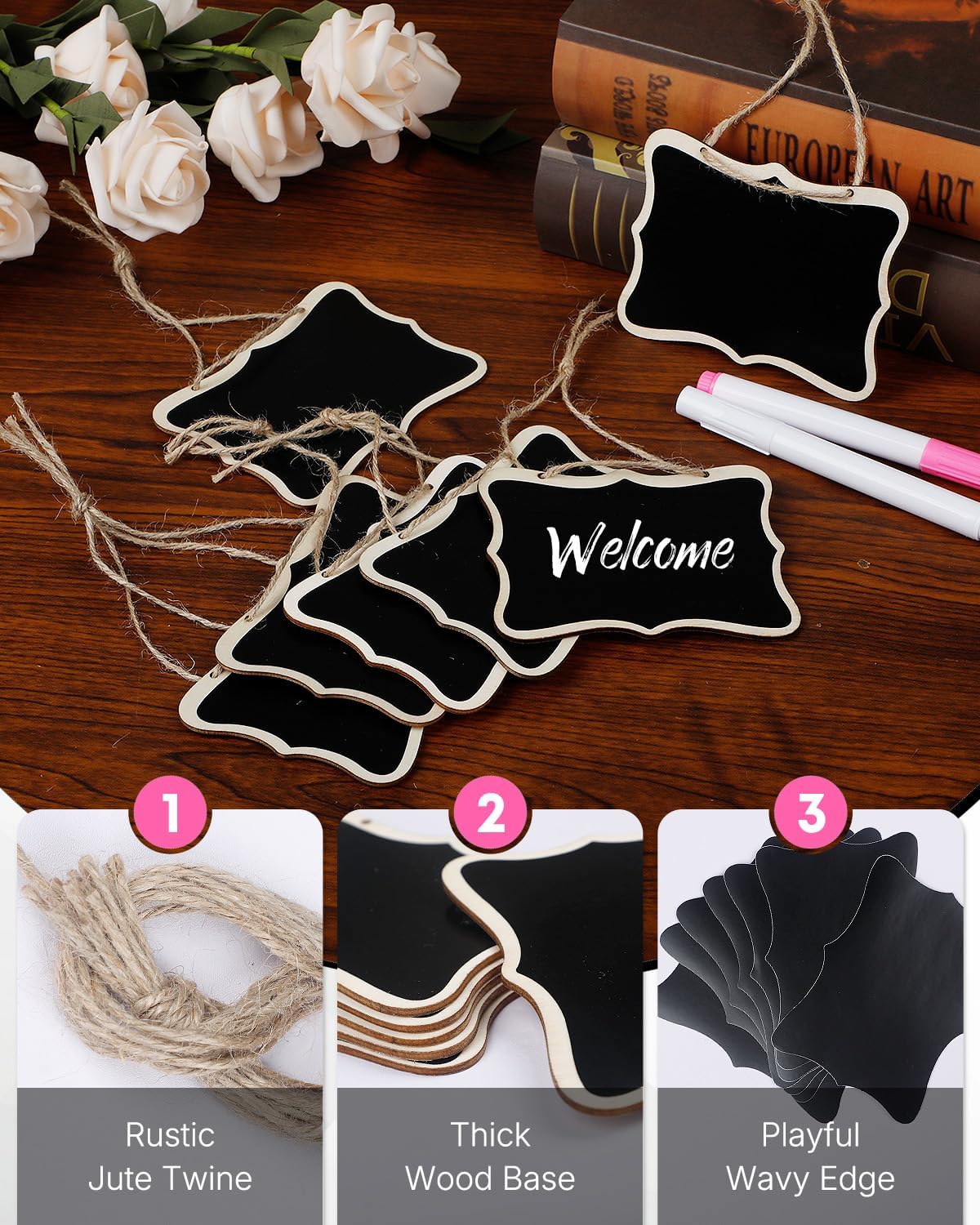 24 Pack Mini Chalkboard Signs for Food, Small Chalkboard Signs with Strings Chalk Markers & Replacement Stickers, Hanging Chalkboards Sign Reusable Wooden Food Labels for Party Buffet Wedding