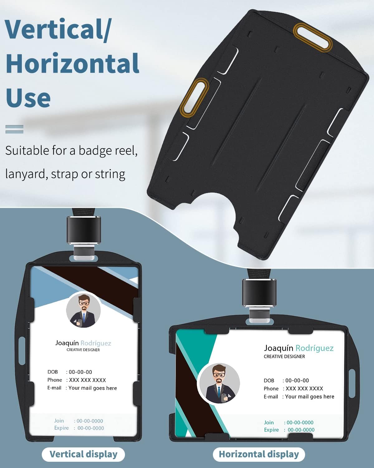5 Pack Vertical and Horizontal 2-Card Badge Holder Double-Sided Hard Plastic Case with Grippers Fully Exposed Black Protector for Offices School IDs Credit Cards Driver’s Licenses and Passes