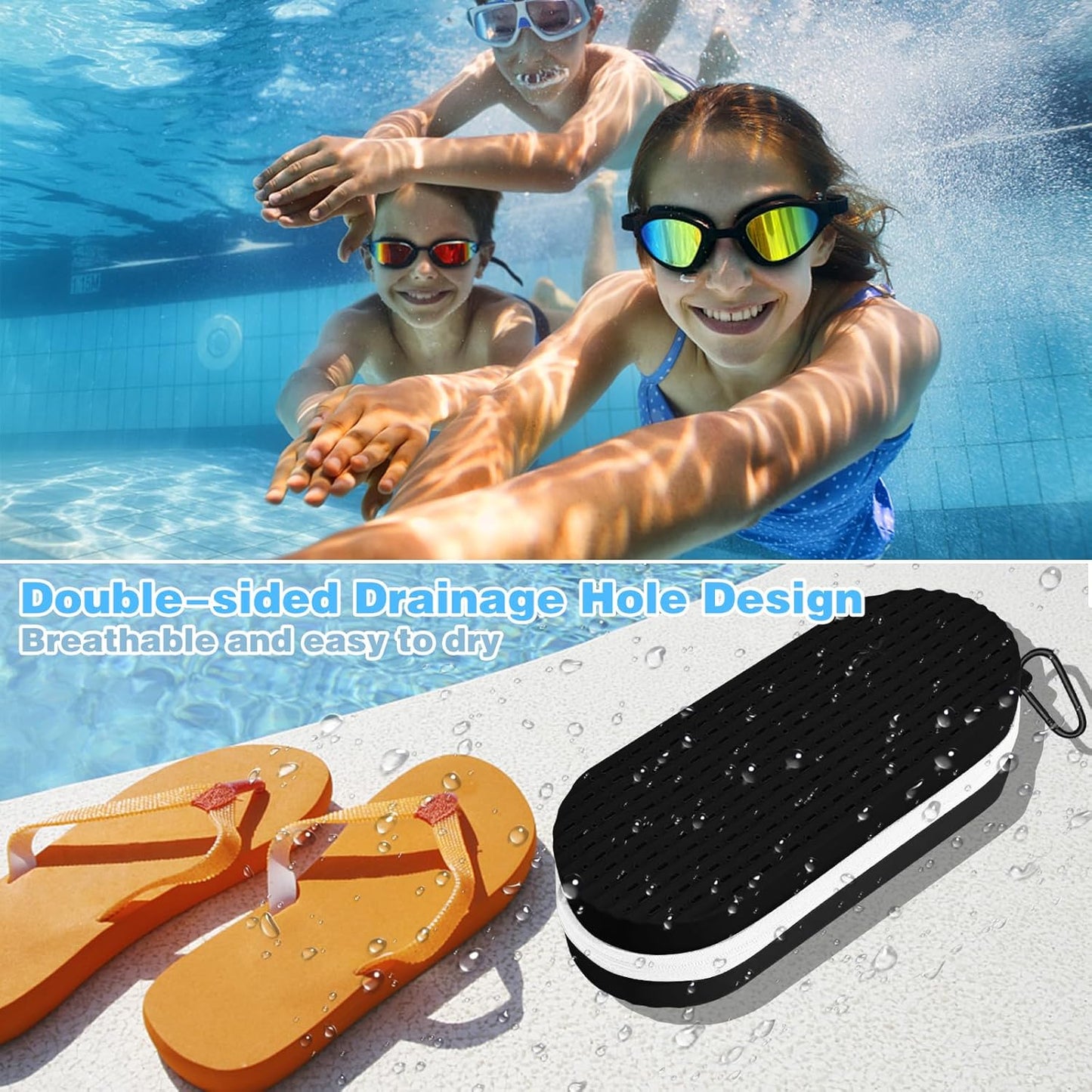 Swim Goggles Case with Drain Hole, Portable Zipper Eye Box with Hook for Goggles Sunglasses Eyeglass (Black)