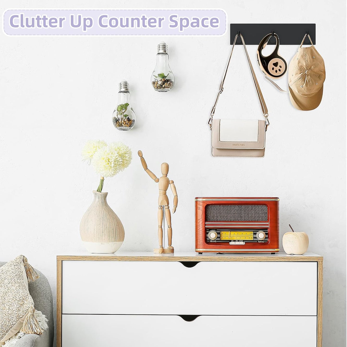 Key Holder Wall Mount, Small Metal Self Adhesive Key Hanger with 3 Hooks, No Drilling, Extra Adhesive Strip, Black