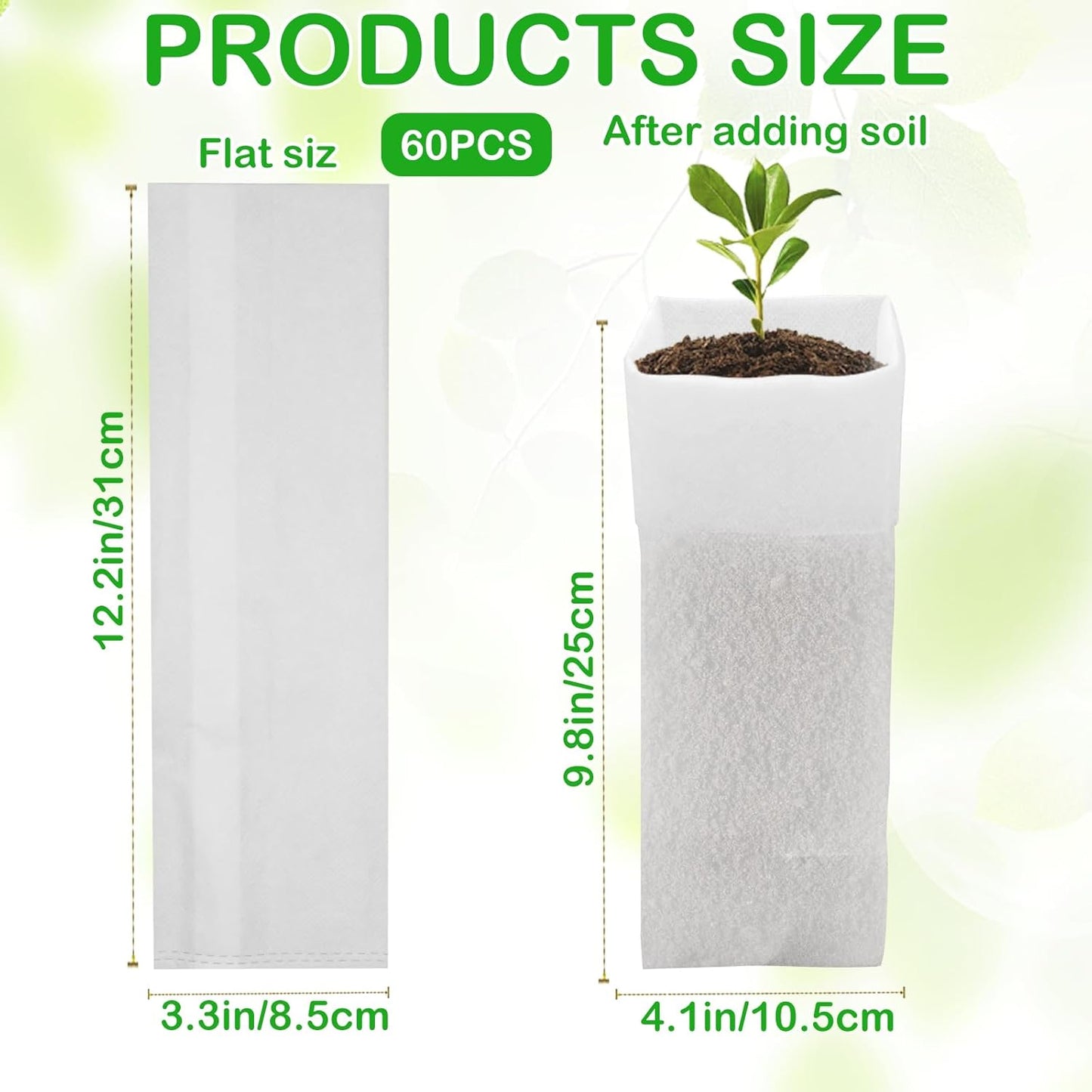60Pcs Nursery Grow Bags, Biodegradable Non-Woven Fabric Plant Bags, Seedlings Growing Pots for Vegetable Flowers Fruits Tree Planting (12.2 3.3 Inches)
