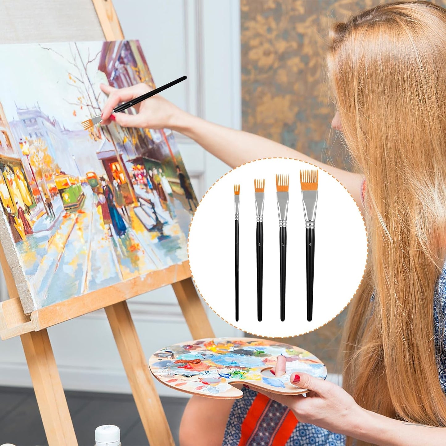4Pcs Comb Artist Brush Set, Rake Brushes for Painting with Birch Wood Handle, Paintbrush for Acrylic Paint, Textured Art Paintbrush Sets for Greeting Cards & DIY Crafts