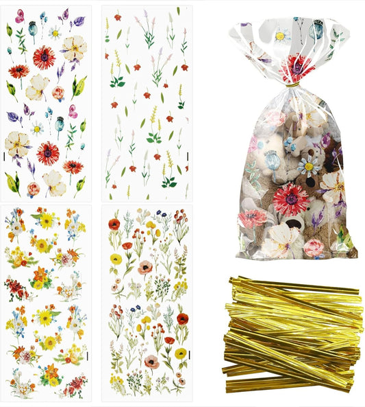 100Pcs Wildflower Party Cellophane Treat Bags Plastic Floral Candy Cookie Packing Clear Goody Gift Bags Favor Decorations 4 Design with 100 Ties for Birthday Baby Shower Tea Party Supplies