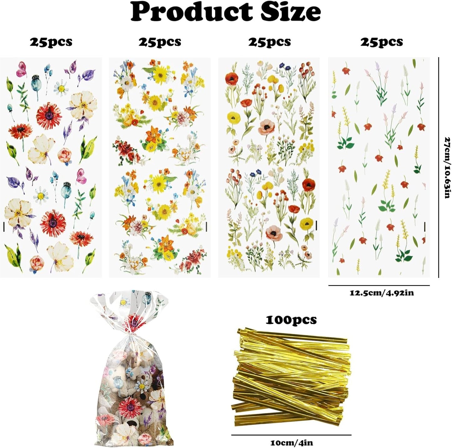 100Pcs Wildflower Party Cellophane Treat Bags Plastic Floral Candy Cookie Packing Clear Goody Gift Bags Favor Decorations 4 Design with 100 Ties for Birthday Baby Shower Tea Party Supplies