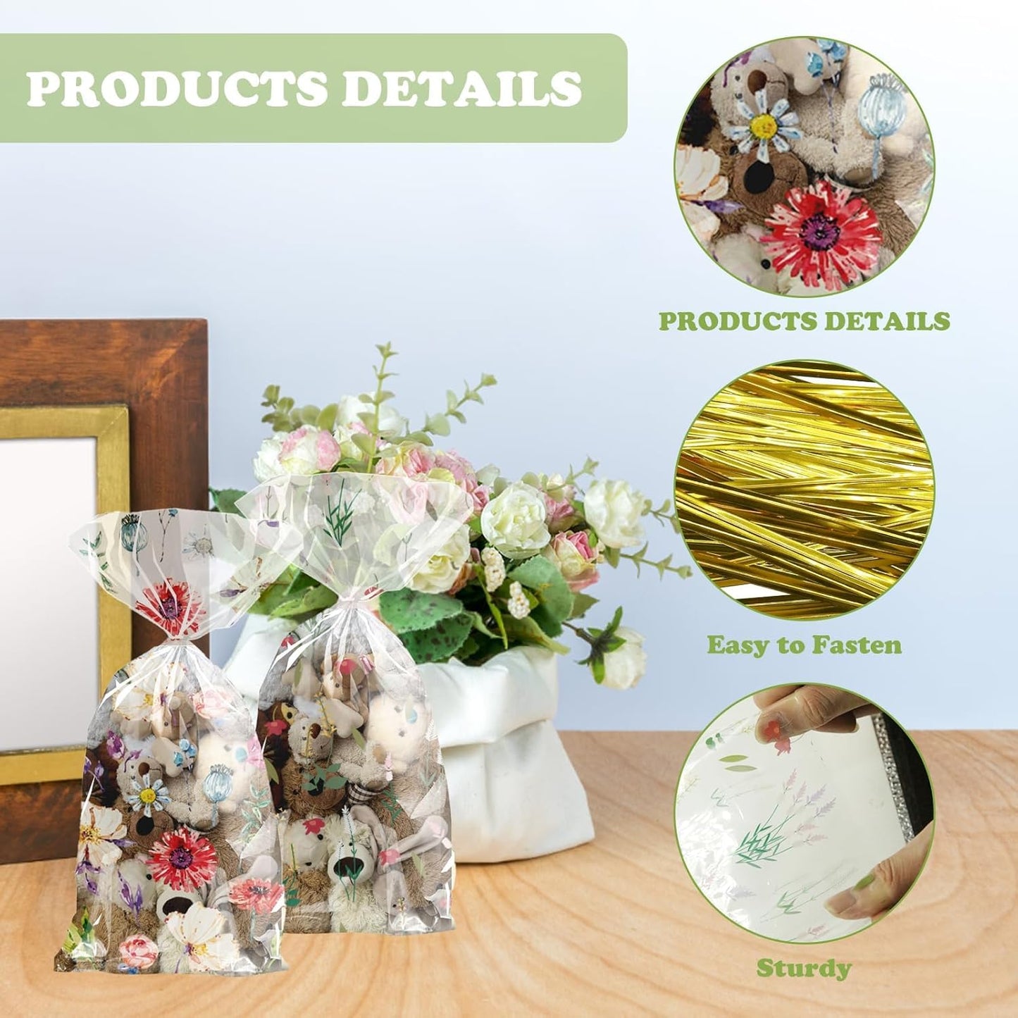 100Pcs Wildflower Party Cellophane Treat Bags Plastic Floral Candy Cookie Packing Clear Goody Gift Bags Favor Decorations 4 Design with 100 Ties for Birthday Baby Shower Tea Party Supplies
