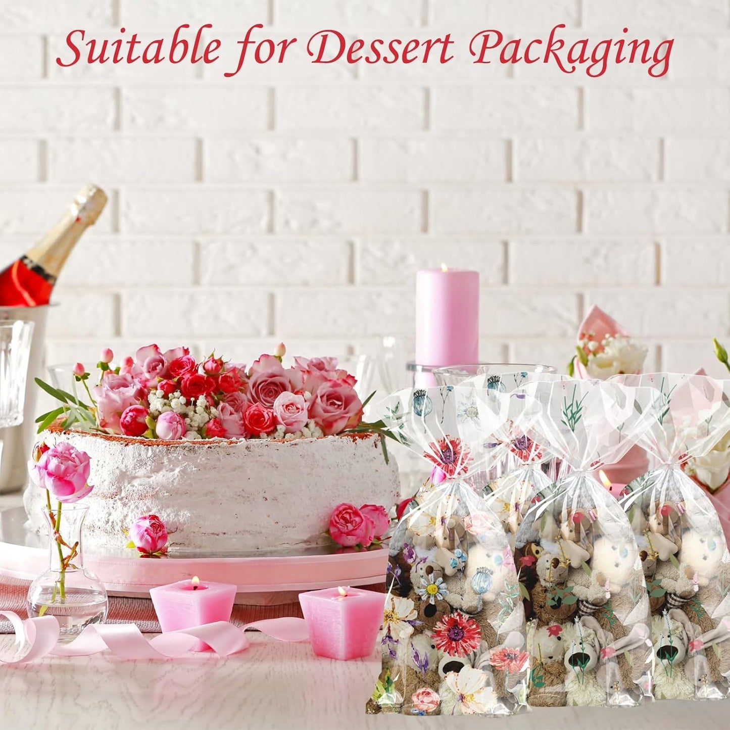 100Pcs Wildflower Party Cellophane Treat Bags Plastic Floral Candy Cookie Packing Clear Goody Gift Bags Favor Decorations 4 Design with 100 Ties for Birthday Baby Shower Tea Party Supplies