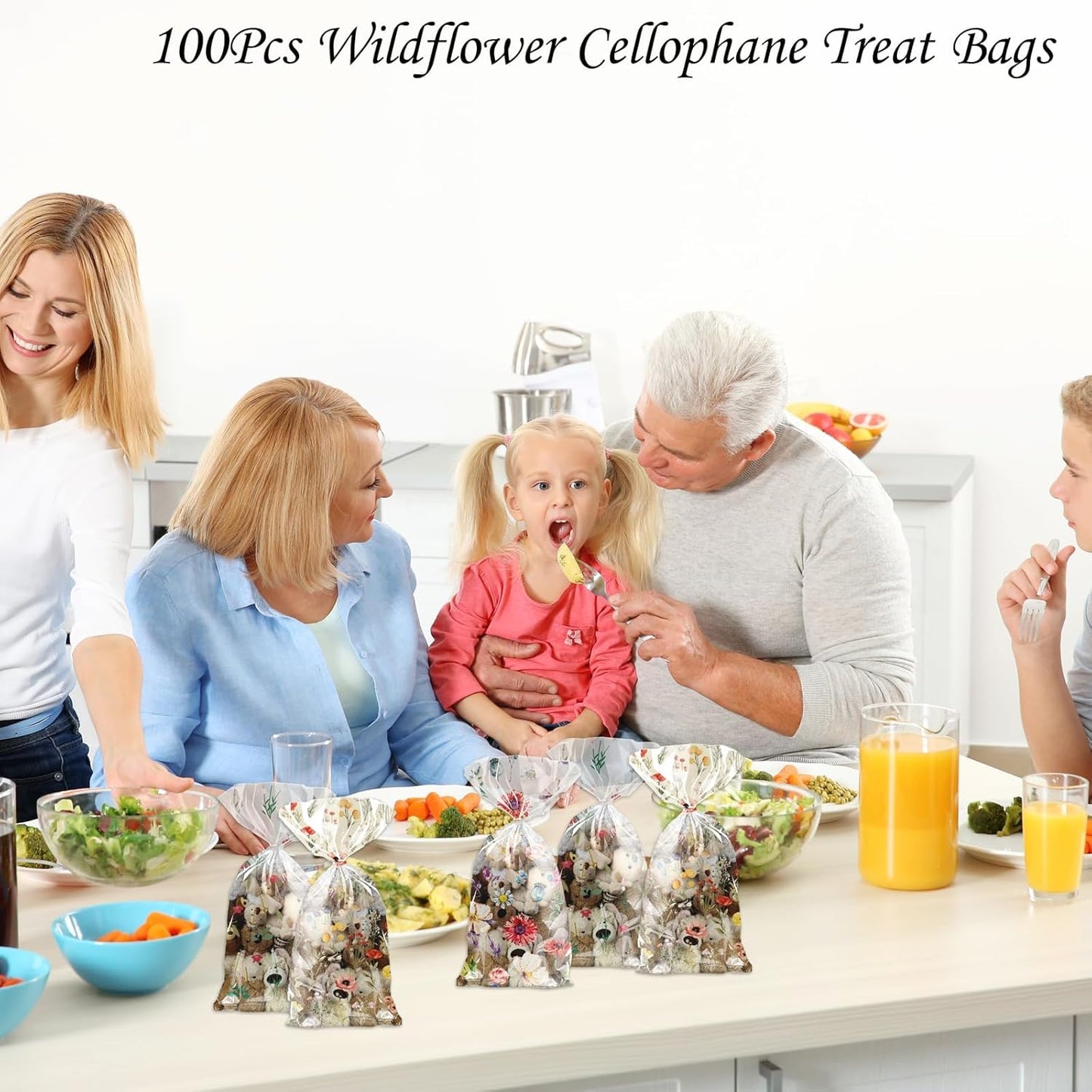 100Pcs Wildflower Party Cellophane Treat Bags Plastic Floral Candy Cookie Packing Clear Goody Gift Bags Favor Decorations 4 Design with 100 Ties for Birthday Baby Shower Tea Party Supplies
