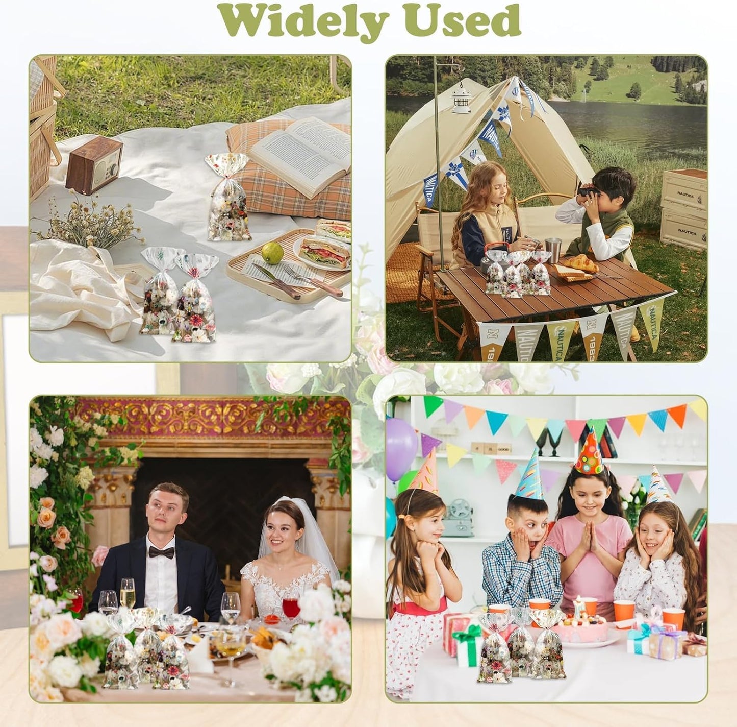 100Pcs Wildflower Party Cellophane Treat Bags Plastic Floral Candy Cookie Packing Clear Goody Gift Bags Favor Decorations 4 Design with 100 Ties for Birthday Baby Shower Tea Party Supplies