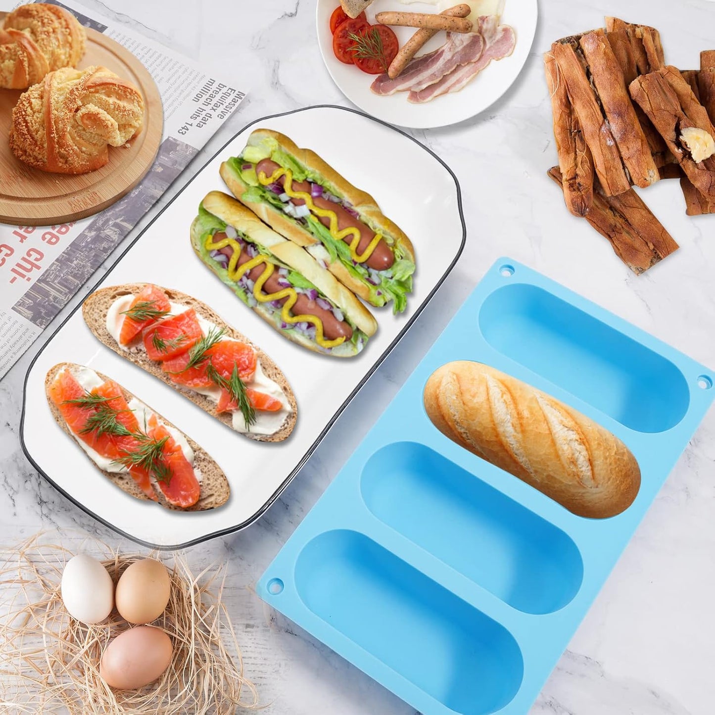 2 Pack Hot Dog Bun Pan, Silicone Hot Dog Bun Molds Sausage Mold Nonstick & Heat proof Baking Pan Bread Mold for Homemade Hotdog Bun Rolls