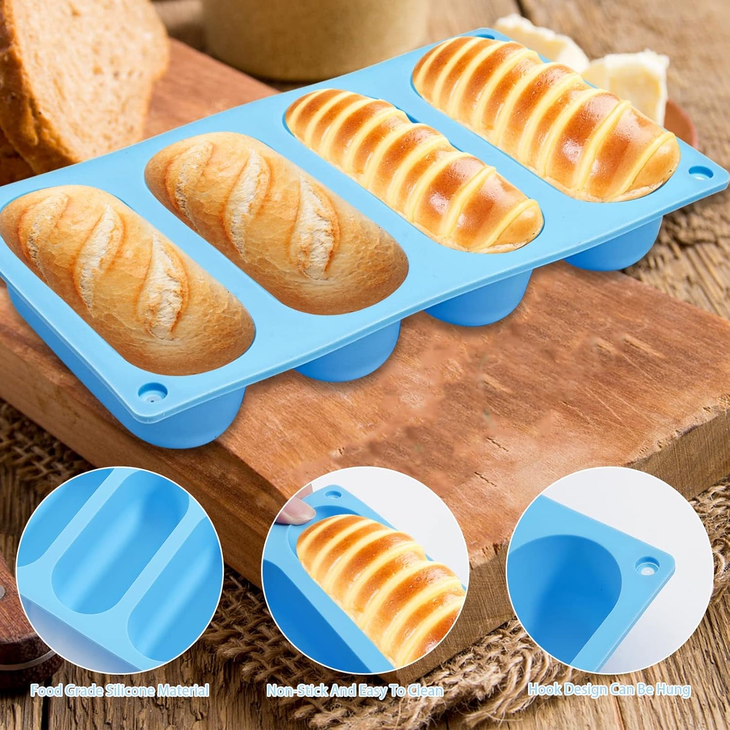 2 Pack Hot Dog Bun Pan, Silicone Hot Dog Bun Molds Sausage Mold Nonstick & Heat proof Baking Pan Bread Mold for Homemade Hotdog Bun Rolls
