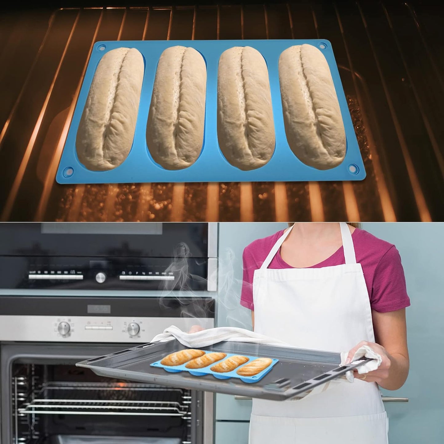 2 Pack Hot Dog Bun Pan, Silicone Hot Dog Bun Molds Sausage Mold Nonstick & Heat proof Baking Pan Bread Mold for Homemade Hotdog Bun Rolls