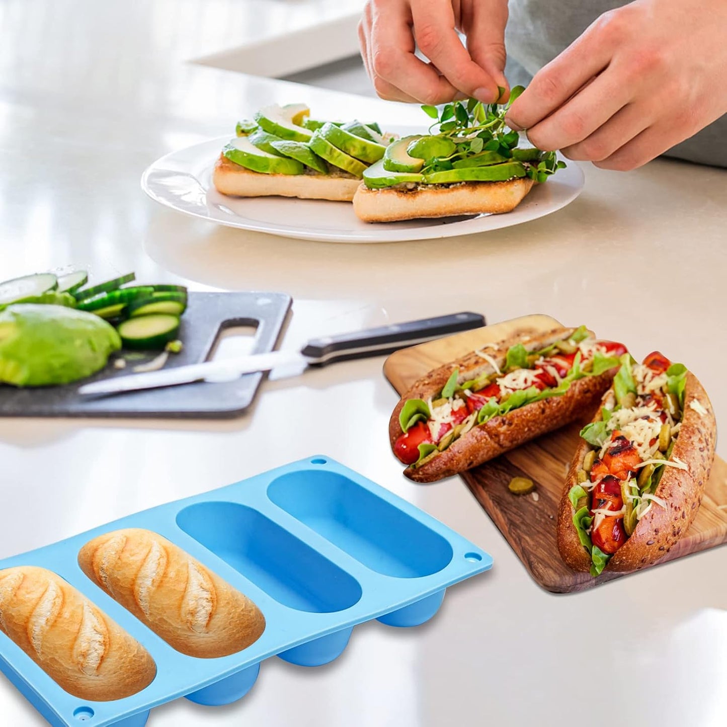 2 Pack Hot Dog Bun Pan, Silicone Hot Dog Bun Molds Sausage Mold Nonstick & Heat proof Baking Pan Bread Mold for Homemade Hotdog Bun Rolls