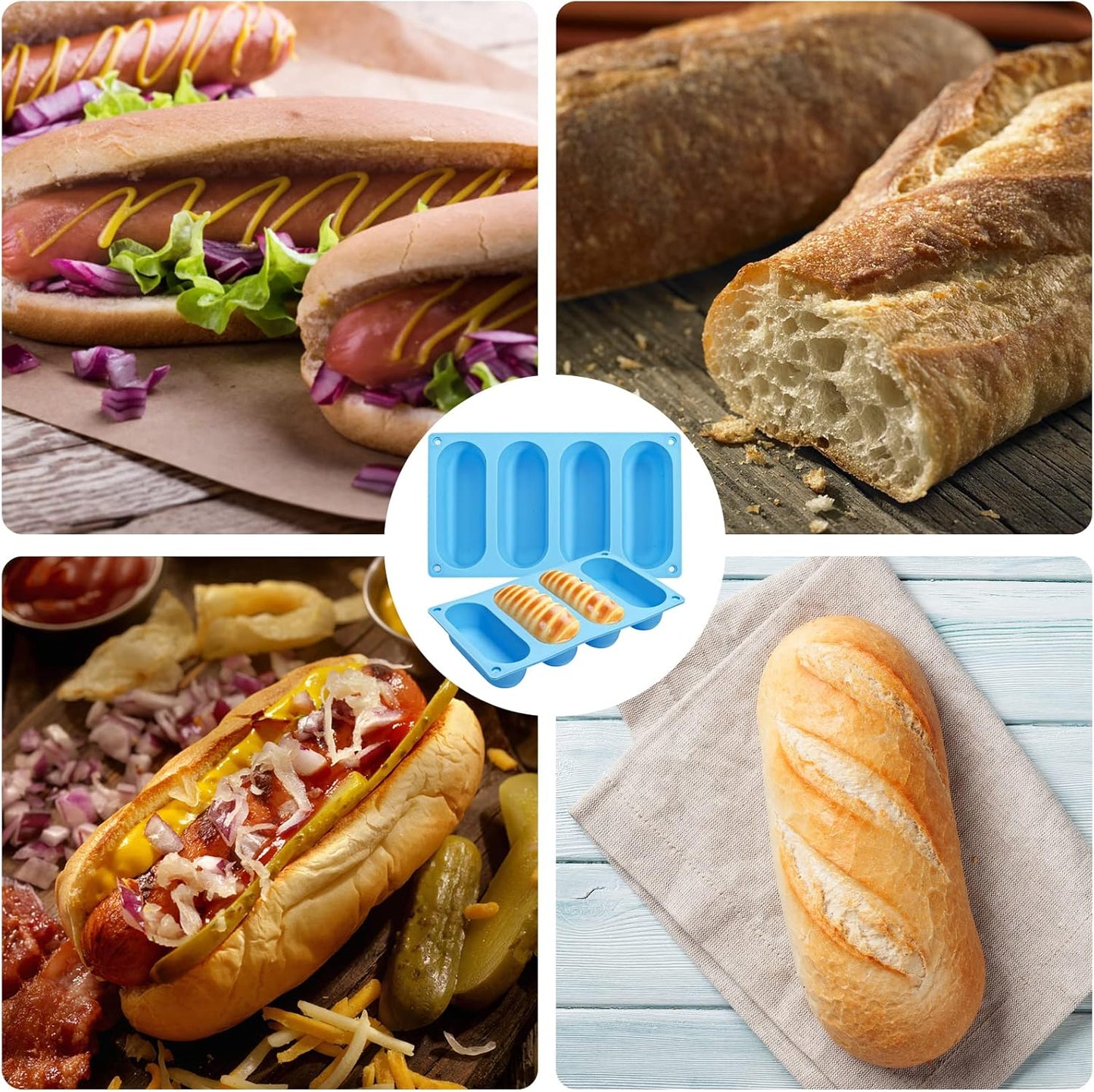 2 Pack Hot Dog Bun Pan, Silicone Hot Dog Bun Molds Sausage Mold Nonstick & Heat proof Baking Pan Bread Mold for Homemade Hotdog Bun Rolls