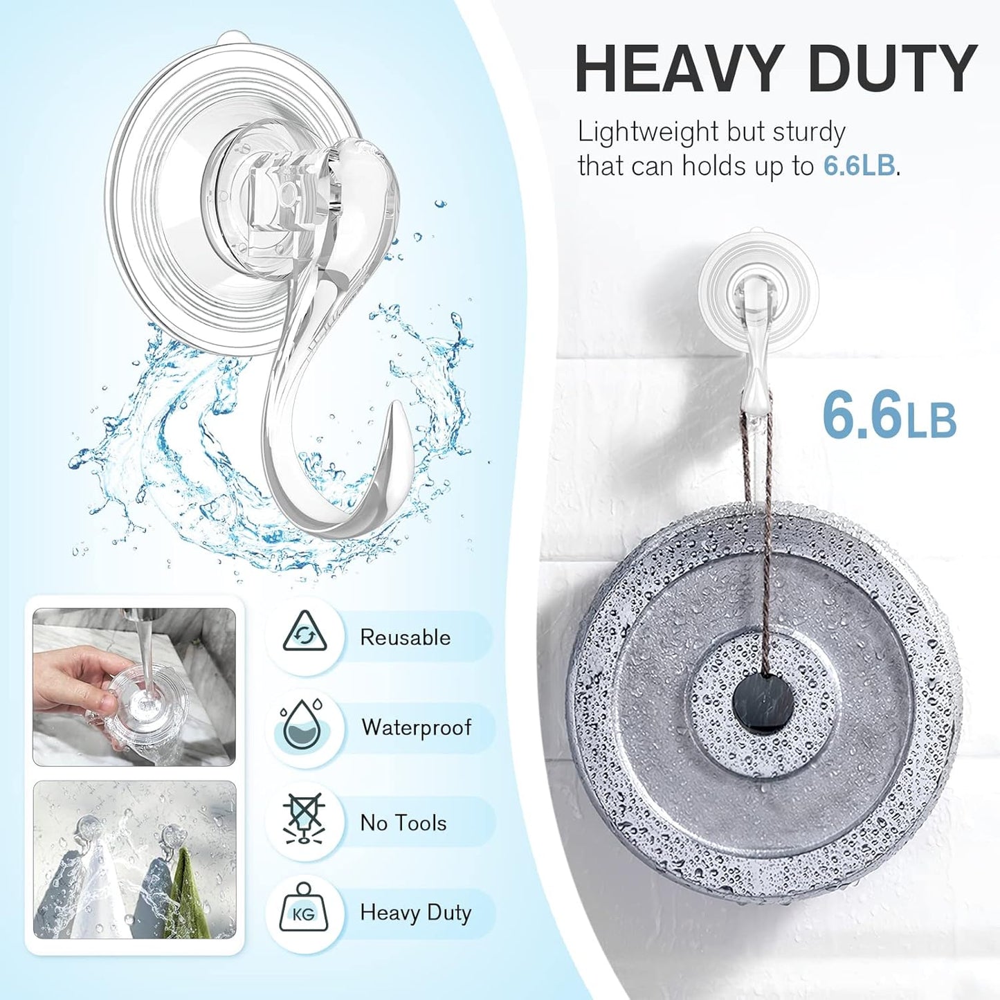 Suction Cup Hooks, Small Shower Suction Hooks with Wipes, Heavy Duty, Removable and Reusable, Clear, 2 Pcs