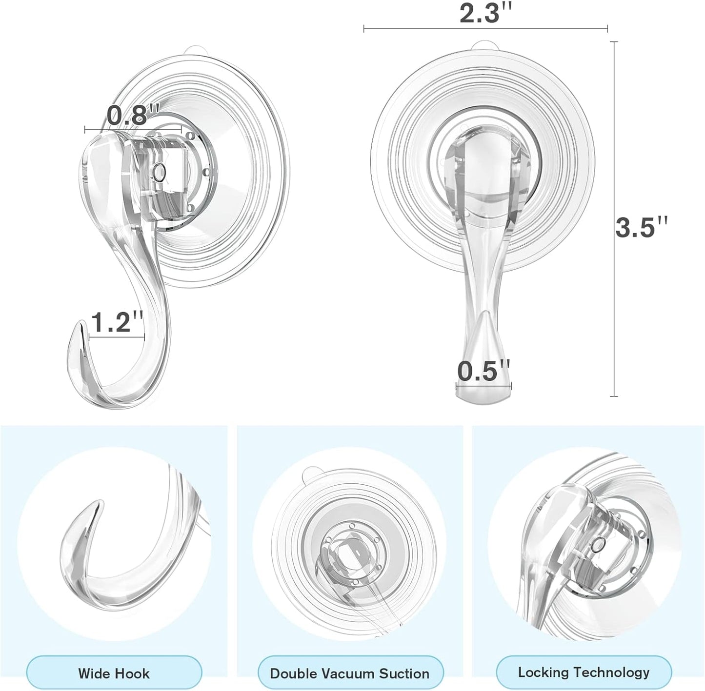 Suction Cup Hooks, Small Shower Suction Hooks with Wipes, Heavy Duty, Removable and Reusable, Clear, 2 Pcs