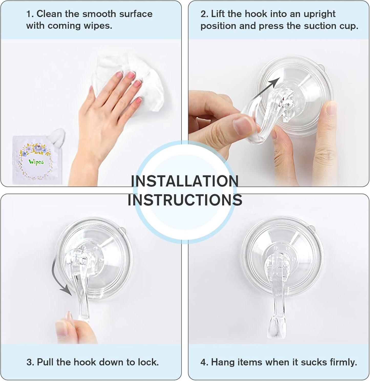 Suction Cup Hooks, Small Shower Suction Hooks with Wipes, Heavy Duty, Removable and Reusable, Clear, 2 Pcs