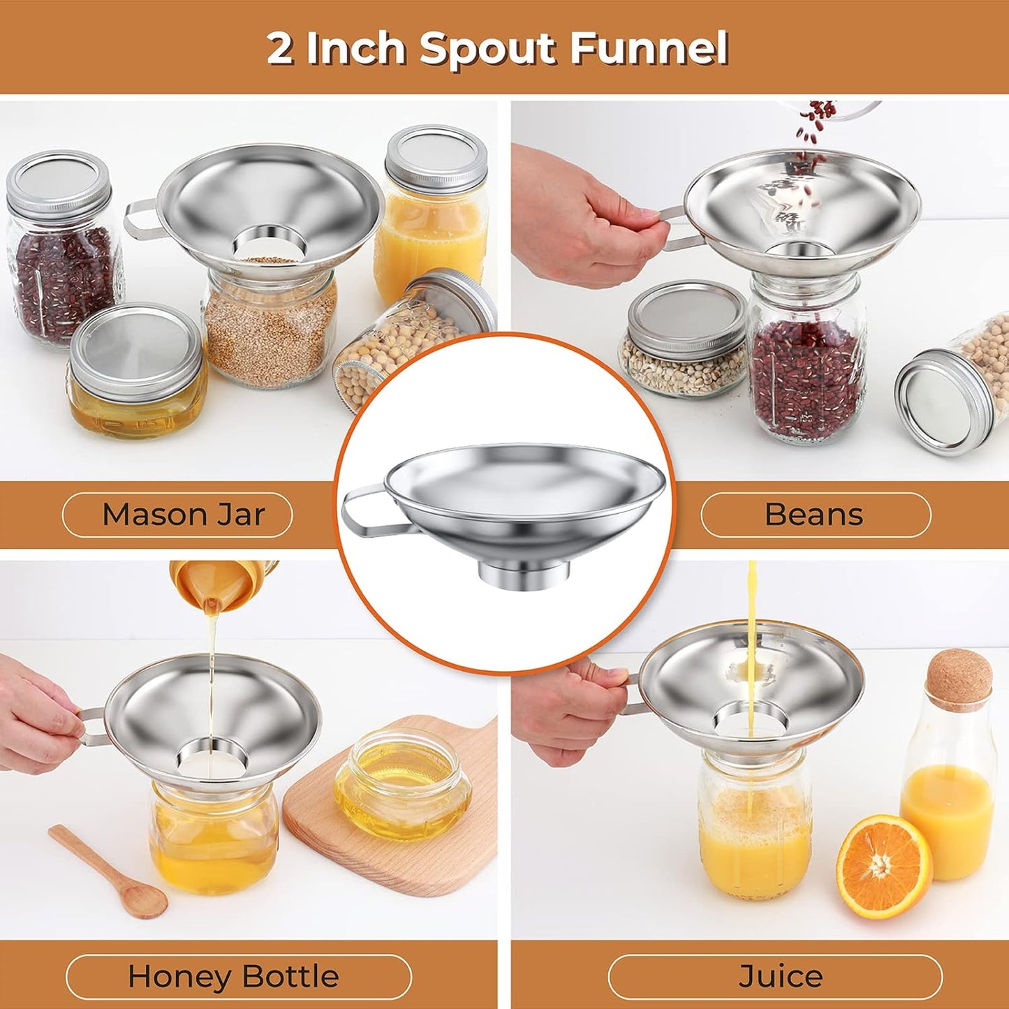 Canning Funnel for Wide Mouth and Regular Mason Jars, Stainless Steel Kitchen Use Funnels with Strainer for Filling Bottles, Metal Funnel Set for Oil Power Jam Grains Dry & Wet Ingredients