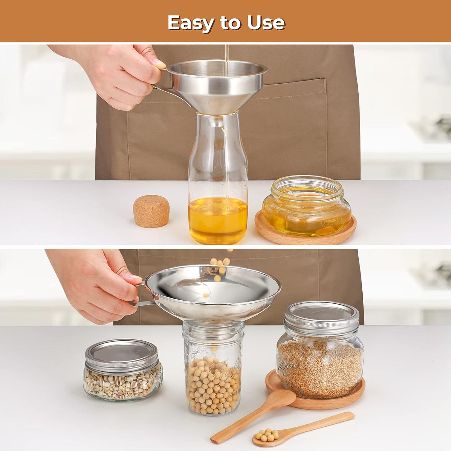 Canning Funnel for Wide Mouth and Regular Mason Jars, Stainless Steel Kitchen Use Funnels with Strainer for Filling Bottles, Metal Funnel Set for Oil Power Jam Grains Dry & Wet Ingredients