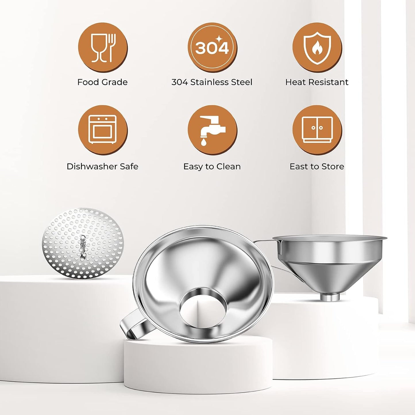Canning Funnel for Wide Mouth and Regular Mason Jars, Stainless Steel Kitchen Use Funnels with Strainer for Filling Bottles, Metal Funnel Set for Oil Power Jam Grains Dry & Wet Ingredients