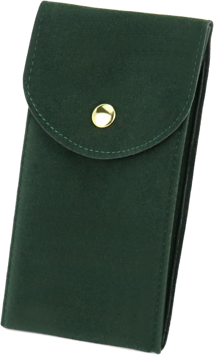 Luxury Velvet Watch Travel Case with Copper Buckle, Green, 13×7cm, Portable Double-Layer Protective Watch Bag for Men, 4 Pcs