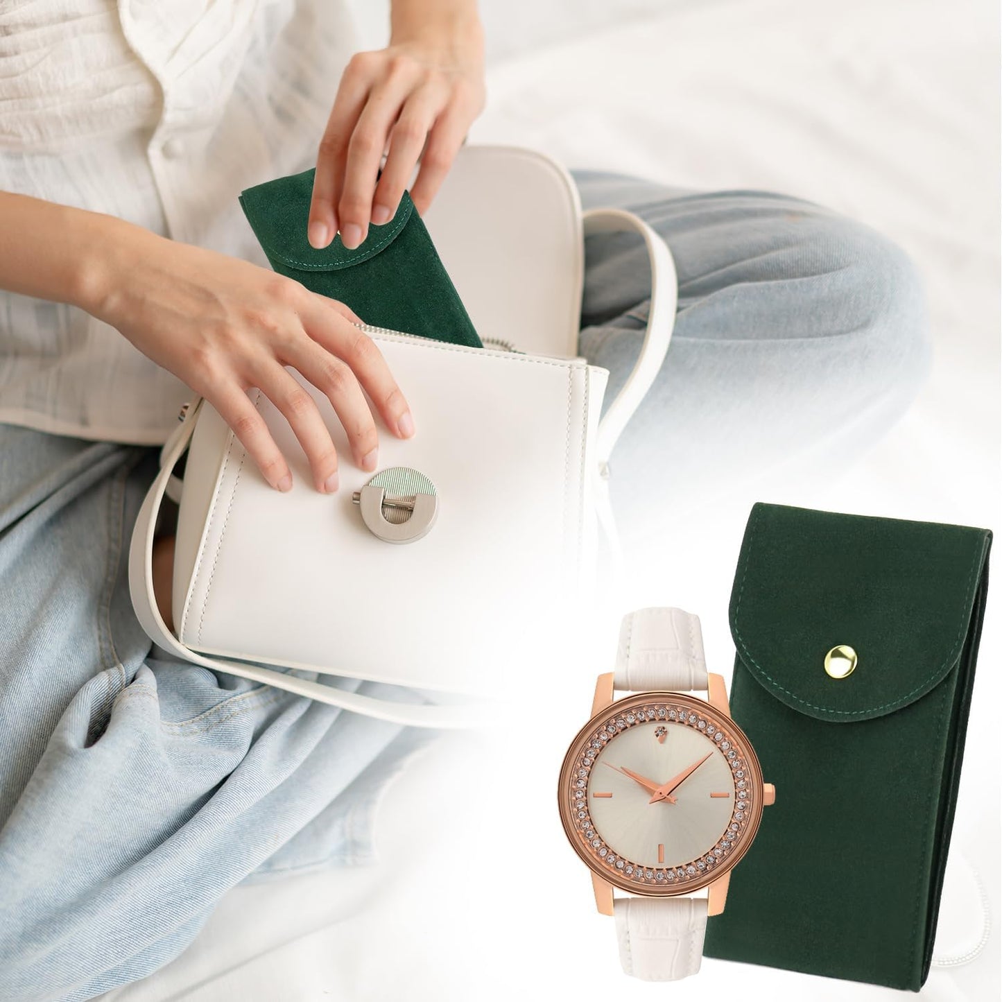 Luxury Velvet Watch Travel Case with Copper Buckle, Green, 13×7cm, Portable Double-Layer Protective Watch Bag for Men, 4 Pcs
