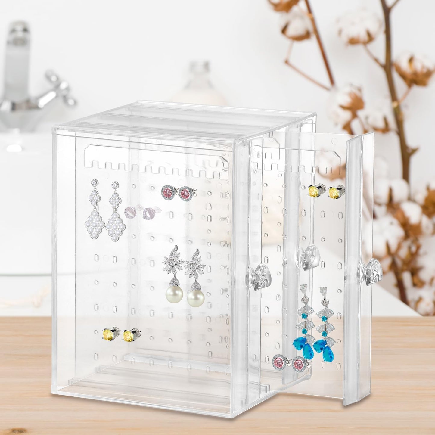Clear Acrylic Jewelry Storage Box - Earring Display Stand Holder with 3 Vertical Slide-Out Drawers, 216 Earring Holes & 36 Necklace Grooves