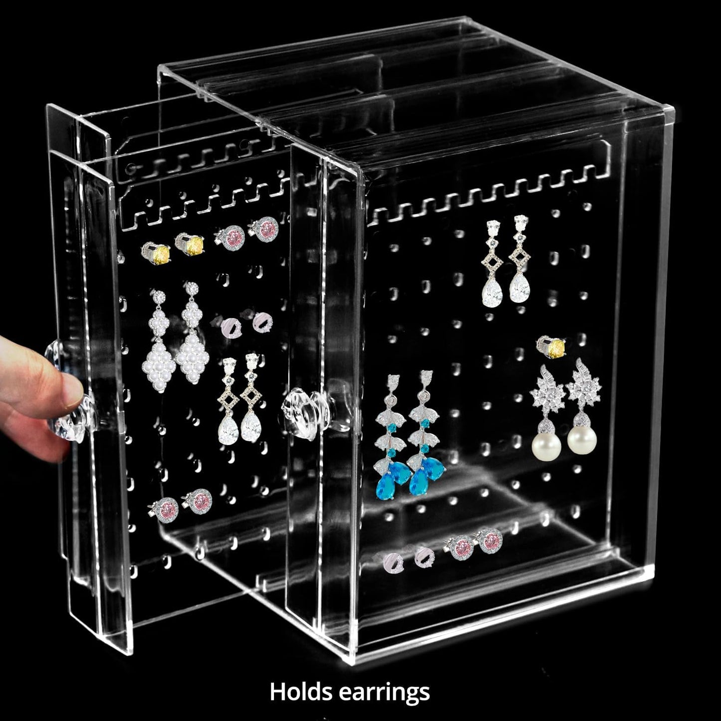 Clear Acrylic Jewelry Storage Box - Earring Display Stand Holder with 3 Vertical Slide-Out Drawers, 216 Earring Holes & 36 Necklace Grooves