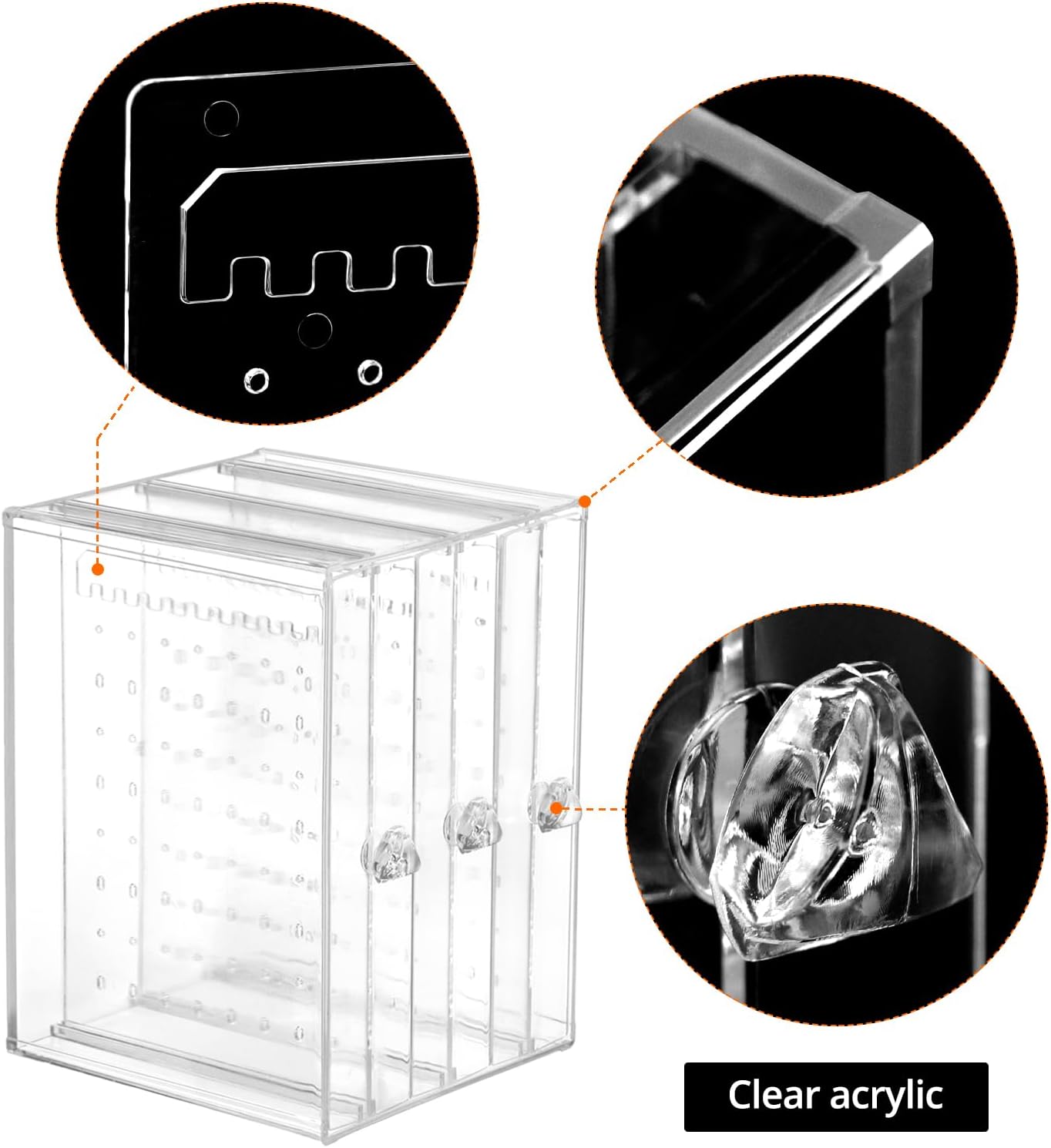 Clear Acrylic Jewelry Storage Box - Earring Display Stand Holder with 3 Vertical Slide-Out Drawers, 216 Earring Holes & 36 Necklace Grooves