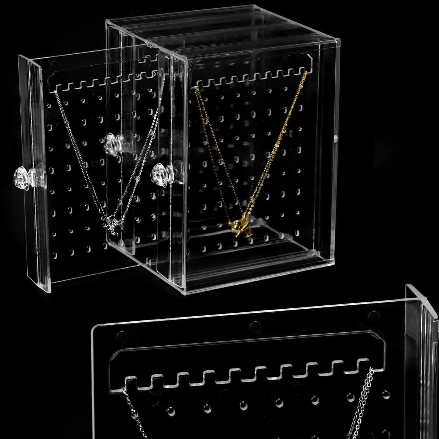 Clear Acrylic Jewelry Storage Box - Earring Display Stand Holder with 3 Vertical Slide-Out Drawers, 216 Earring Holes & 36 Necklace Grooves