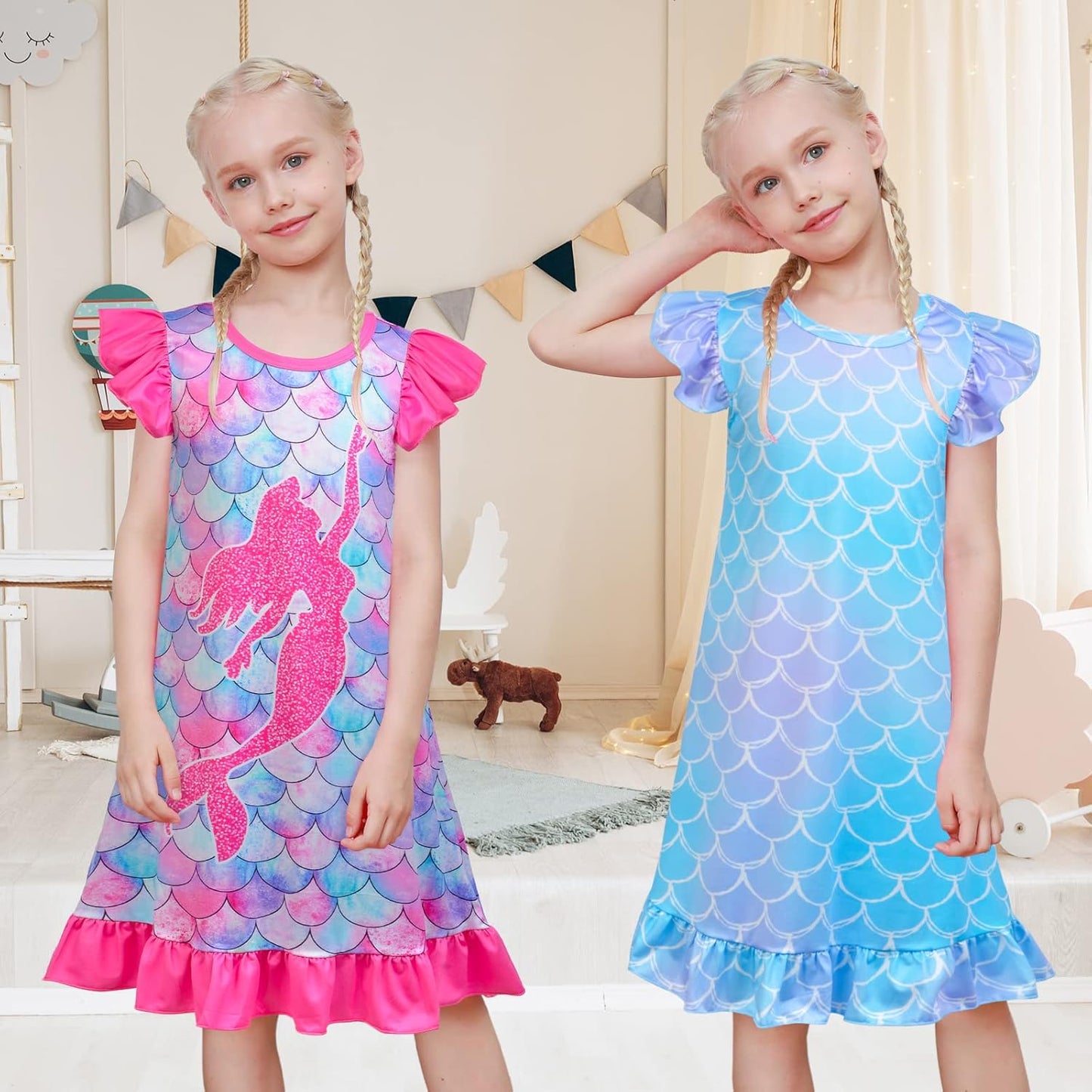2pcs Girls Nightgowns Unicorn Mermaid Pajamas for Toddler Girls Princess Nightgown Sleepwear for Kids 3-9 Years