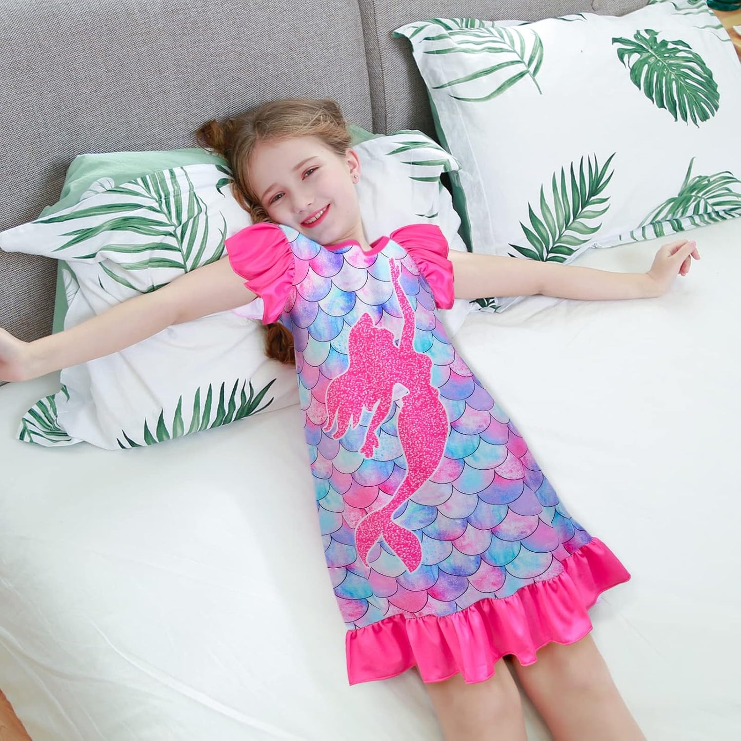 2pcs Girls Nightgowns Unicorn Mermaid Pajamas for Toddler Girls Princess Nightgown Sleepwear for Kids 3-9 Years