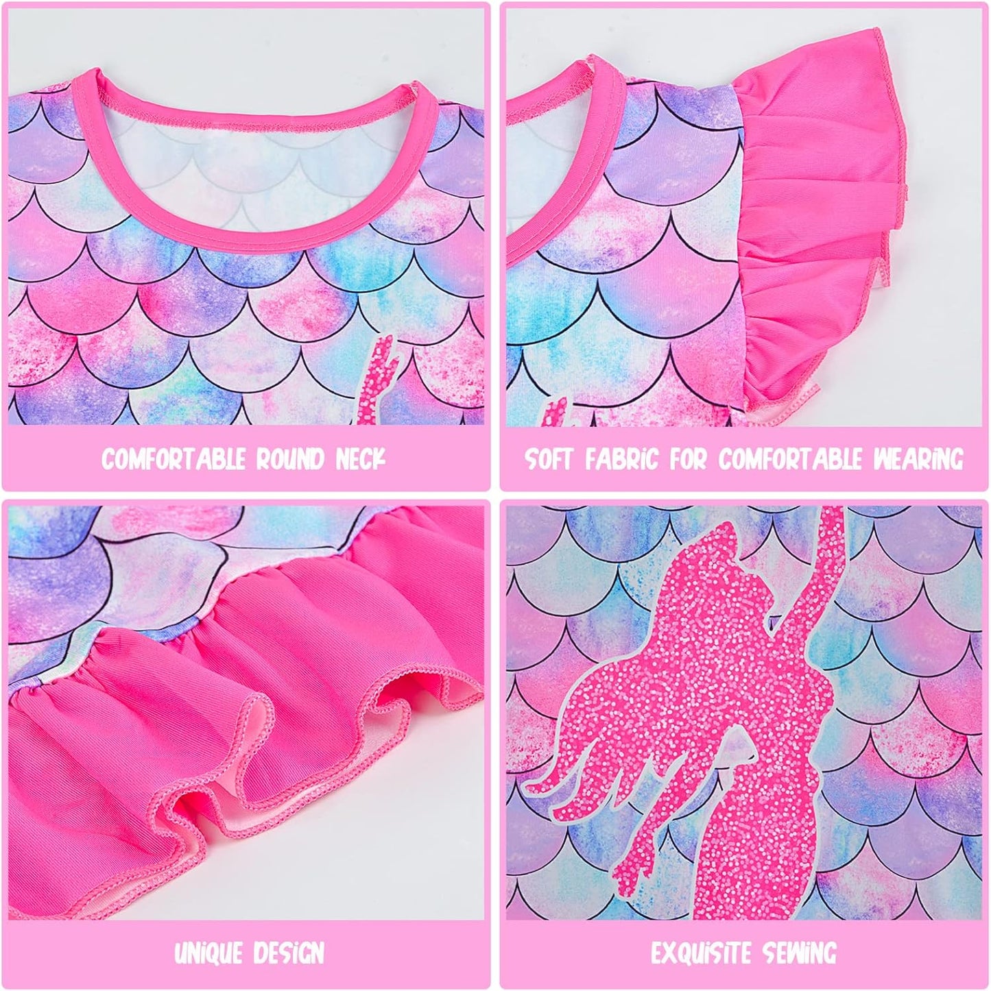 2pcs Girls Nightgowns Unicorn Mermaid Pajamas for Toddler Girls Princess Nightgown Sleepwear for Kids 3-9 Years