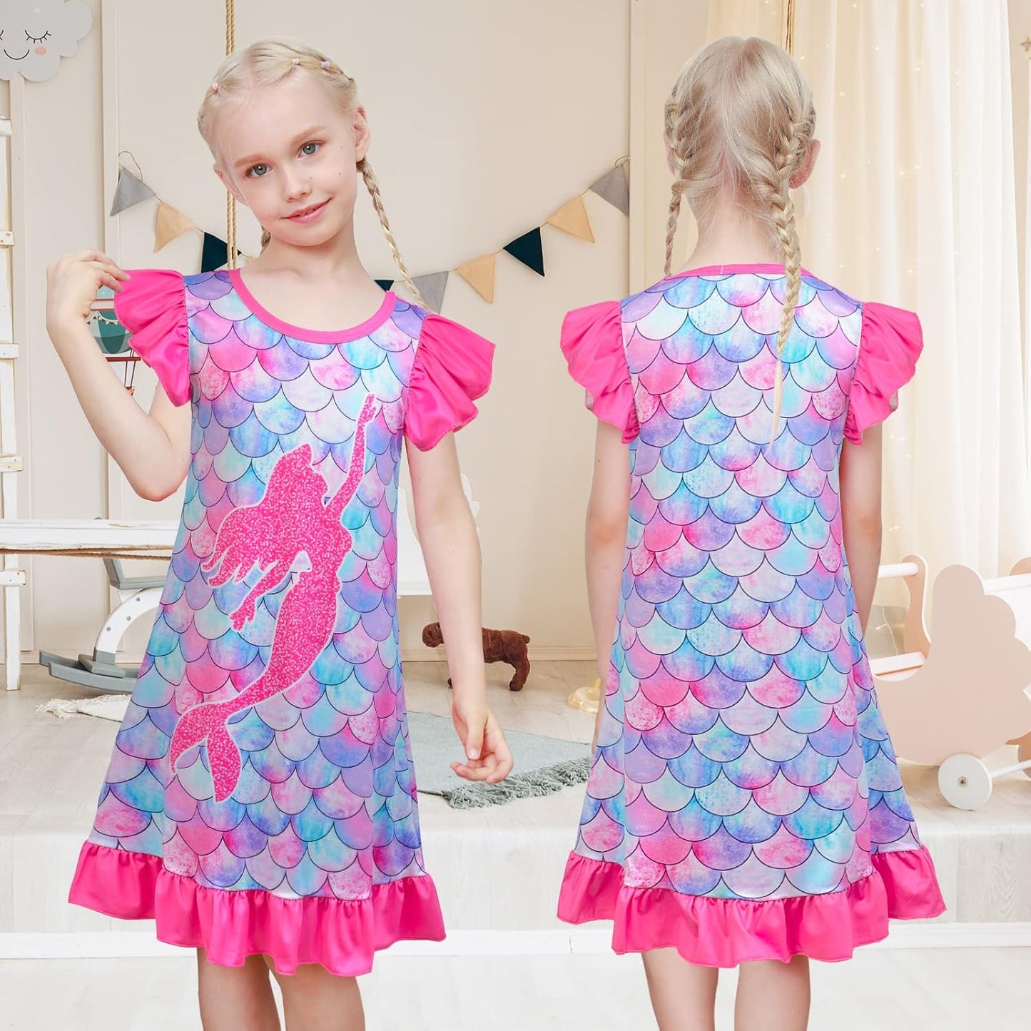 2pcs Girls Nightgowns Unicorn Mermaid Pajamas for Toddler Girls Princess Nightgown Sleepwear for Kids 3-9 Years