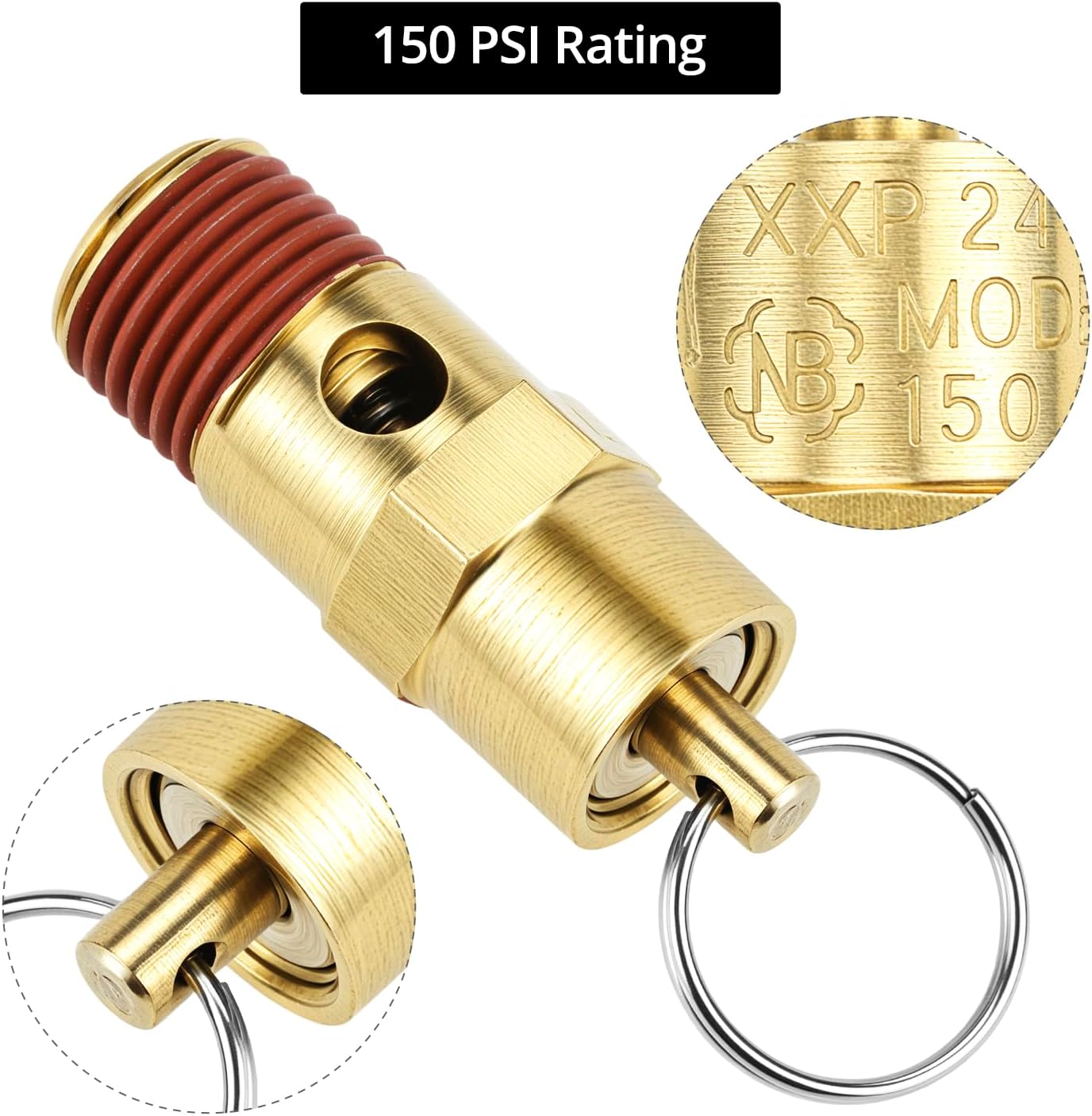 Brass Pressure Relief Valve (2 Pack) - 1/4 Inch NPT Threaded, 150 PSI Rating, Air Compressor Check Valve with Seal Thread Locks
