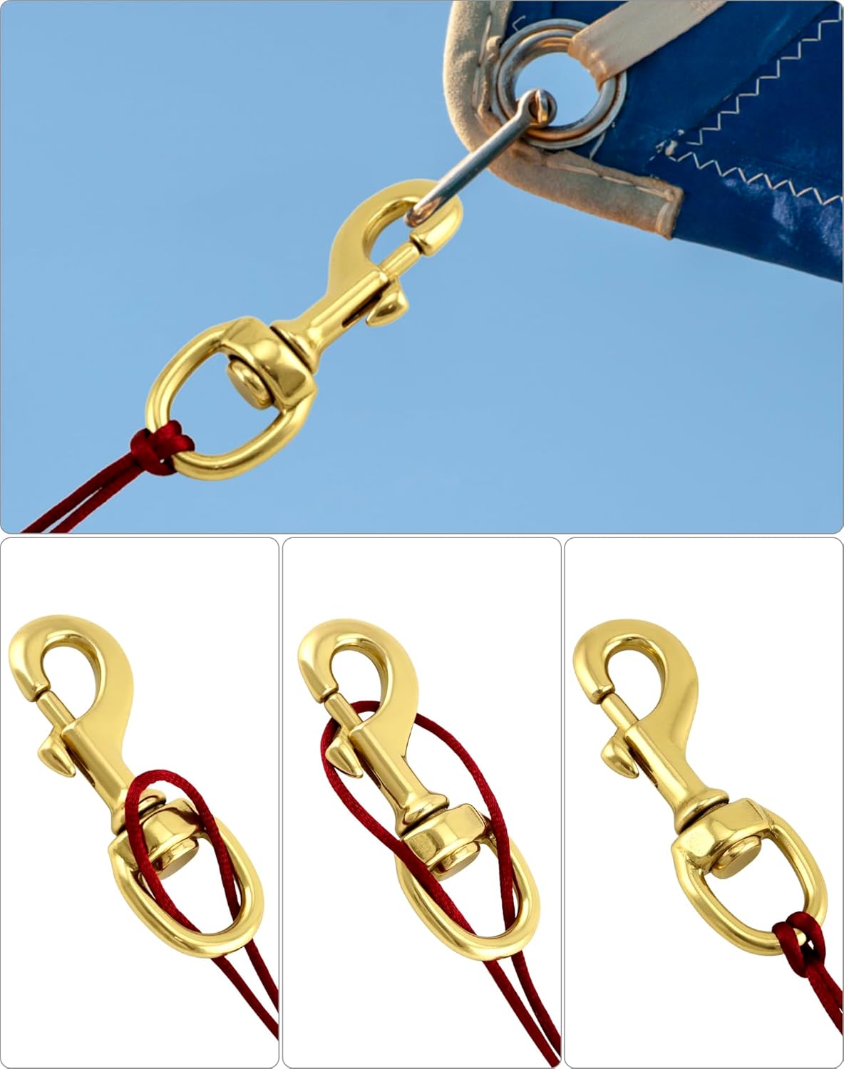 Flag Clip Swivel Spring Hook, 4 Pack Flag Pole Clips, Heavy Duty Brass Swivel Snap Hooks with Swivel Eyelet, for Diving, Dog Leash, Ropes, Flag Pole, Leather Crafts, Pet Collar