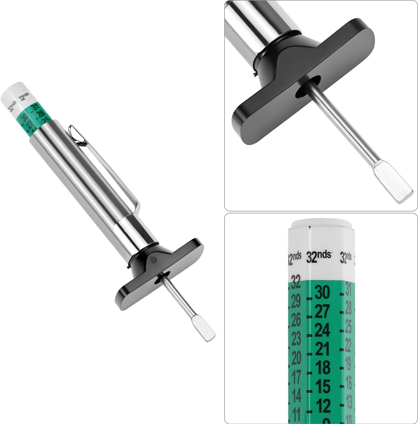 Tire Tread Depth Gauge 2-Pack + Brake Pad Thickness Gauge Set, Color-Coded 1/32 Inch Tire Tread Gauge (0–1 in), Brake Pad Measuring Tool for Internal & External Pads, for Car Truck Motorcycle