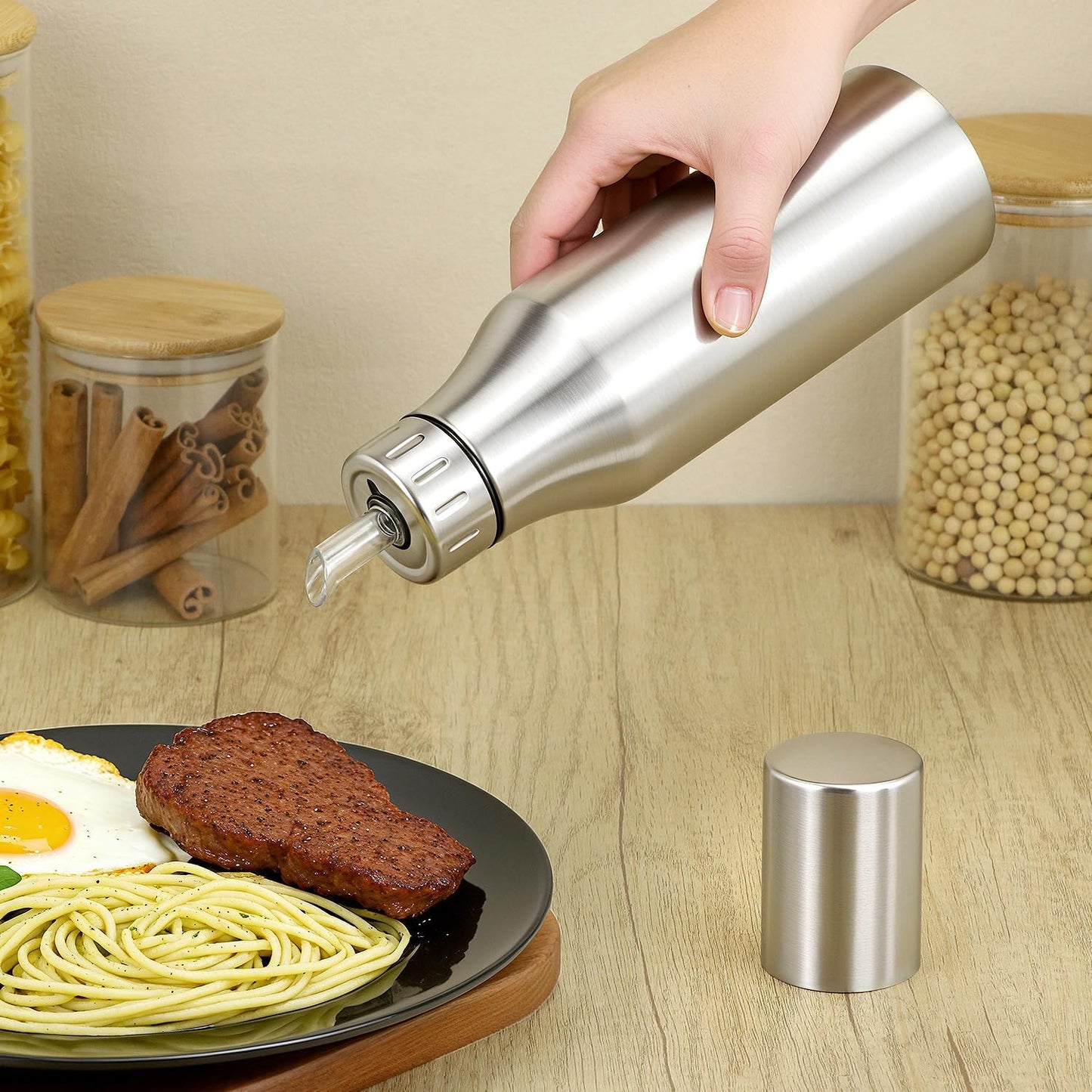 304 Stainless Steel Olive Oil Dispenser Bottle, 25oz Oil Decanter with Easy Pour Spout, Anti-Drip Design, 750ml Oil Cruet for Kitchen Cooking & Salad Dressing, 2.9W x 10.2H