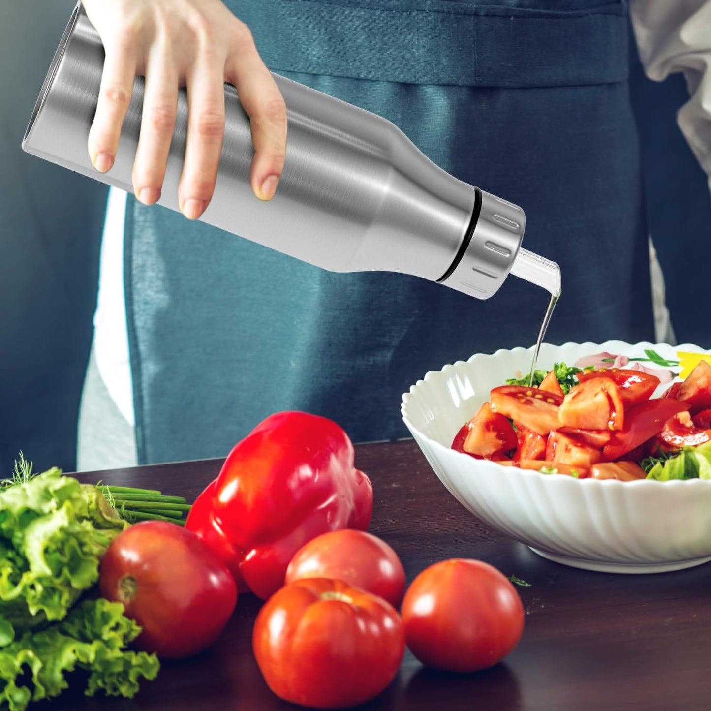 304 Stainless Steel Olive Oil Dispenser Bottle, 25oz Oil Decanter with Easy Pour Spout, Anti-Drip Design, 750ml Oil Cruet for Kitchen Cooking & Salad Dressing, 2.9W x 10.2H
