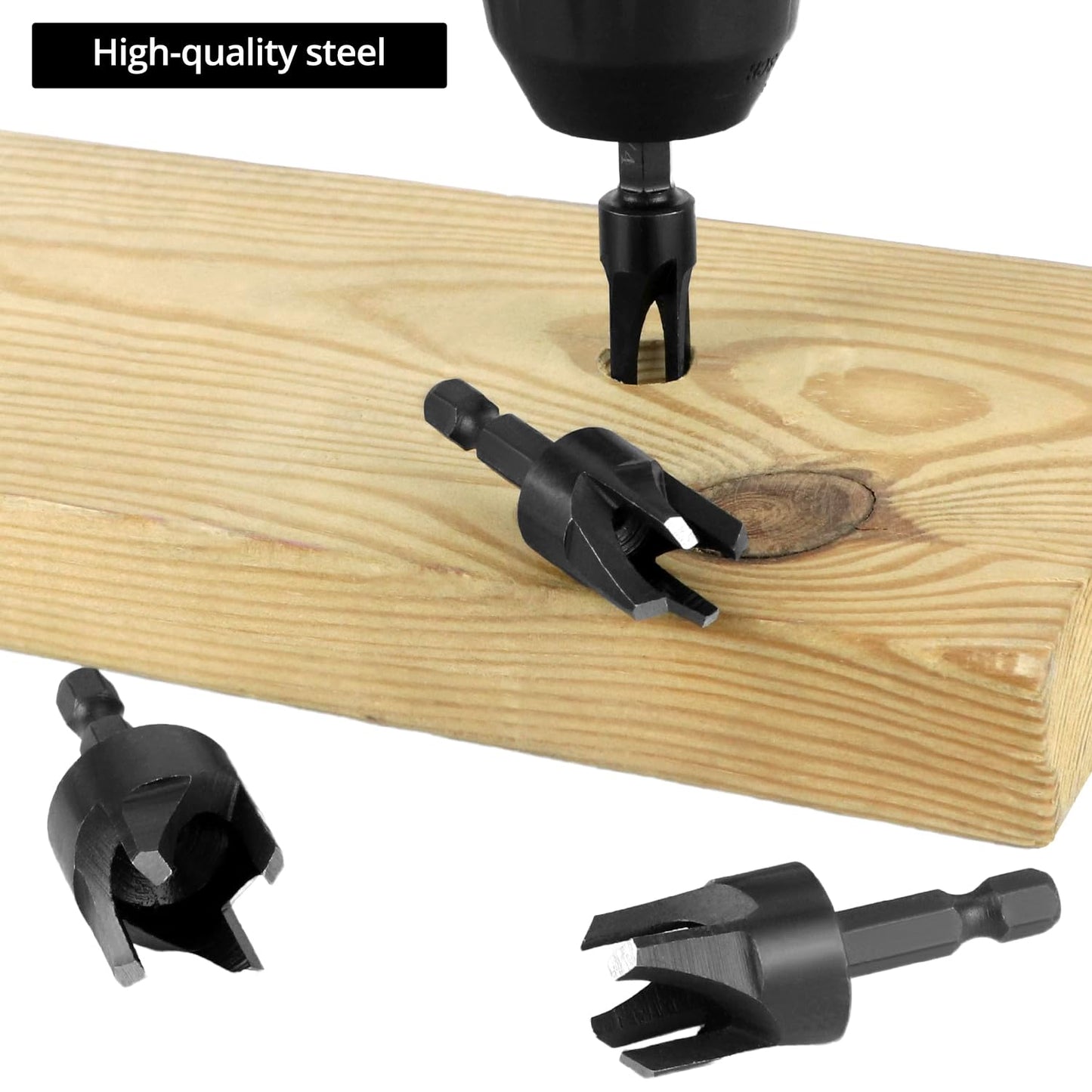 Wood Plug Cutter Drill Bit Set, 8Pcs, Includes 1/4", 5/16", 3/8", 1/2" Sizes, 1/4 Inch Hex Shank