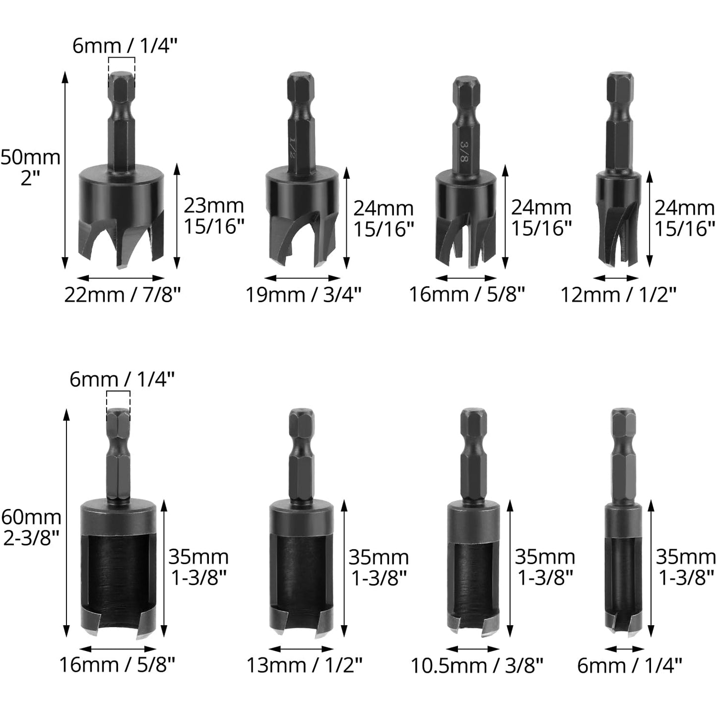 Wood Plug Cutter Drill Bit Set, 8Pcs, Includes 1/4", 5/16", 3/8", 1/2" Sizes, 1/4 Inch Hex Shank