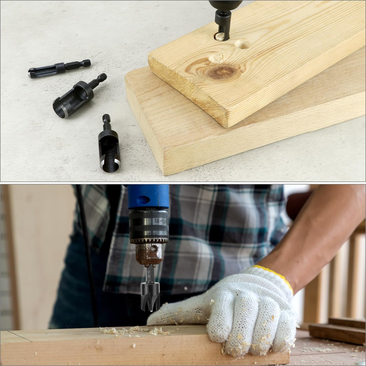 Wood Plug Cutter Drill Bit Set, 8Pcs, Includes 1/4", 5/16", 3/8", 1/2" Sizes, 1/4 Inch Hex Shank
