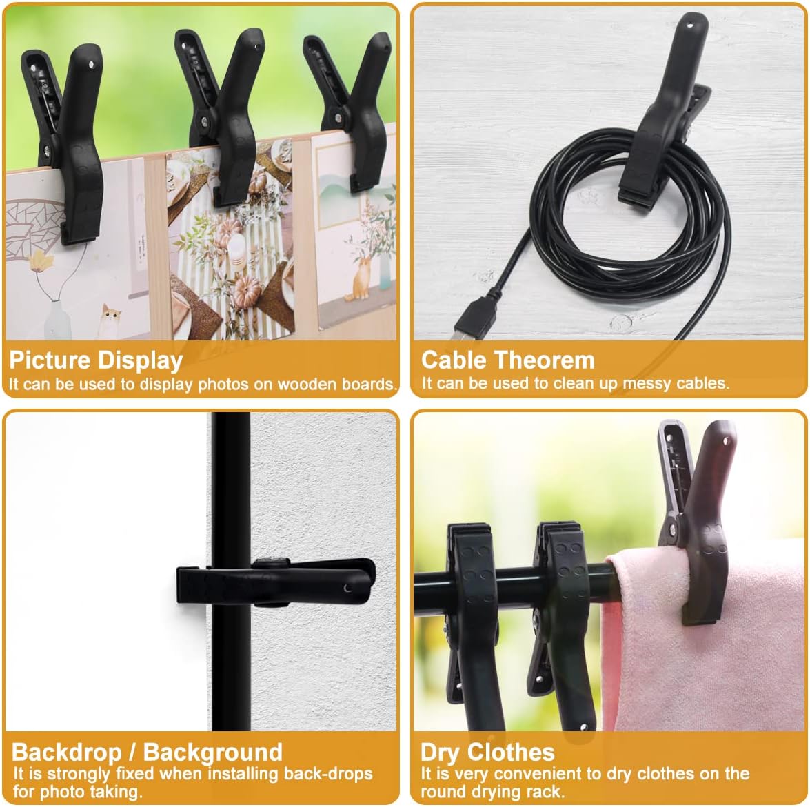 Black Plastic Spring Clamps, 8 Pack 4.5 Inch Large Nylon Spring Clips Heavy Duty Clamp with Metal Pins for Backdrop Art Crafts Woodworking Background