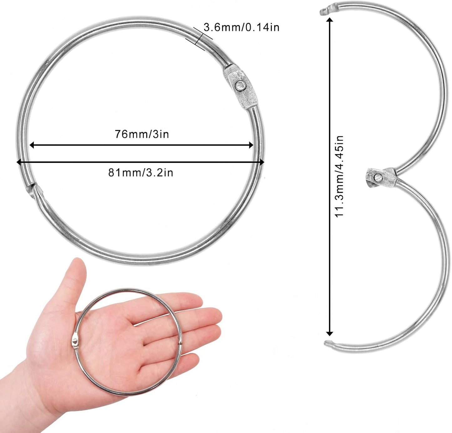 3 Inch Extra Large Metal Book Rings - Loose Leaf Binder Rings, Easy to Open and Close, 20 Pack Jumbo Silver Circular Shower Curtain Ring Loops for Drape, Bathroom, Home Decor (76 mm)