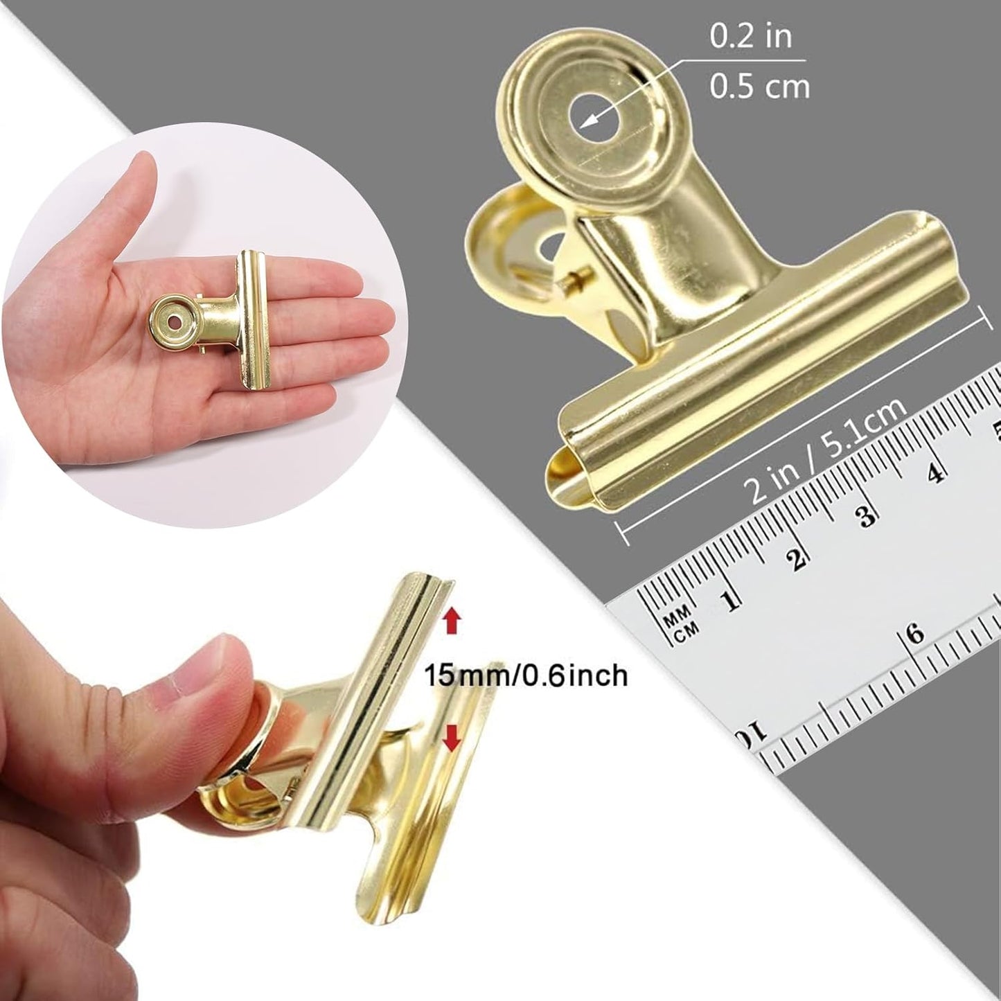 Gold Bull Hinge Paper Clips -  10 Pack 2 Inch Stainless Steel Large Metal Binder Clips for Pictures Photos, Home Kitchen, Office Supplies (50 mm)