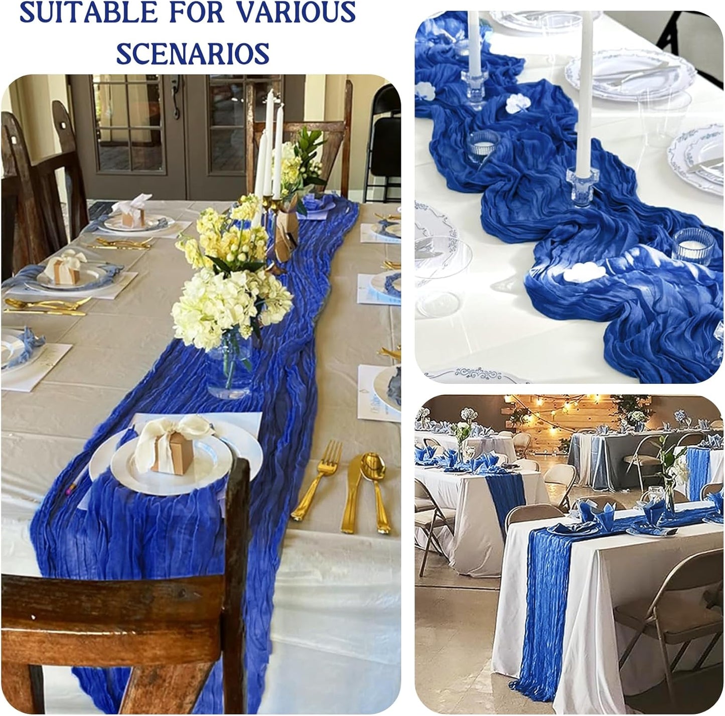 2 Pack 120 Inch Royal Blue Cheesecloth Table Runner Boho Rustic Gauze Sheer Romantic 10 FT Long Cheese Cloth Table Runner for Bridal Baby Shower Wedding Party Birthday Holiday Home Easter Decor