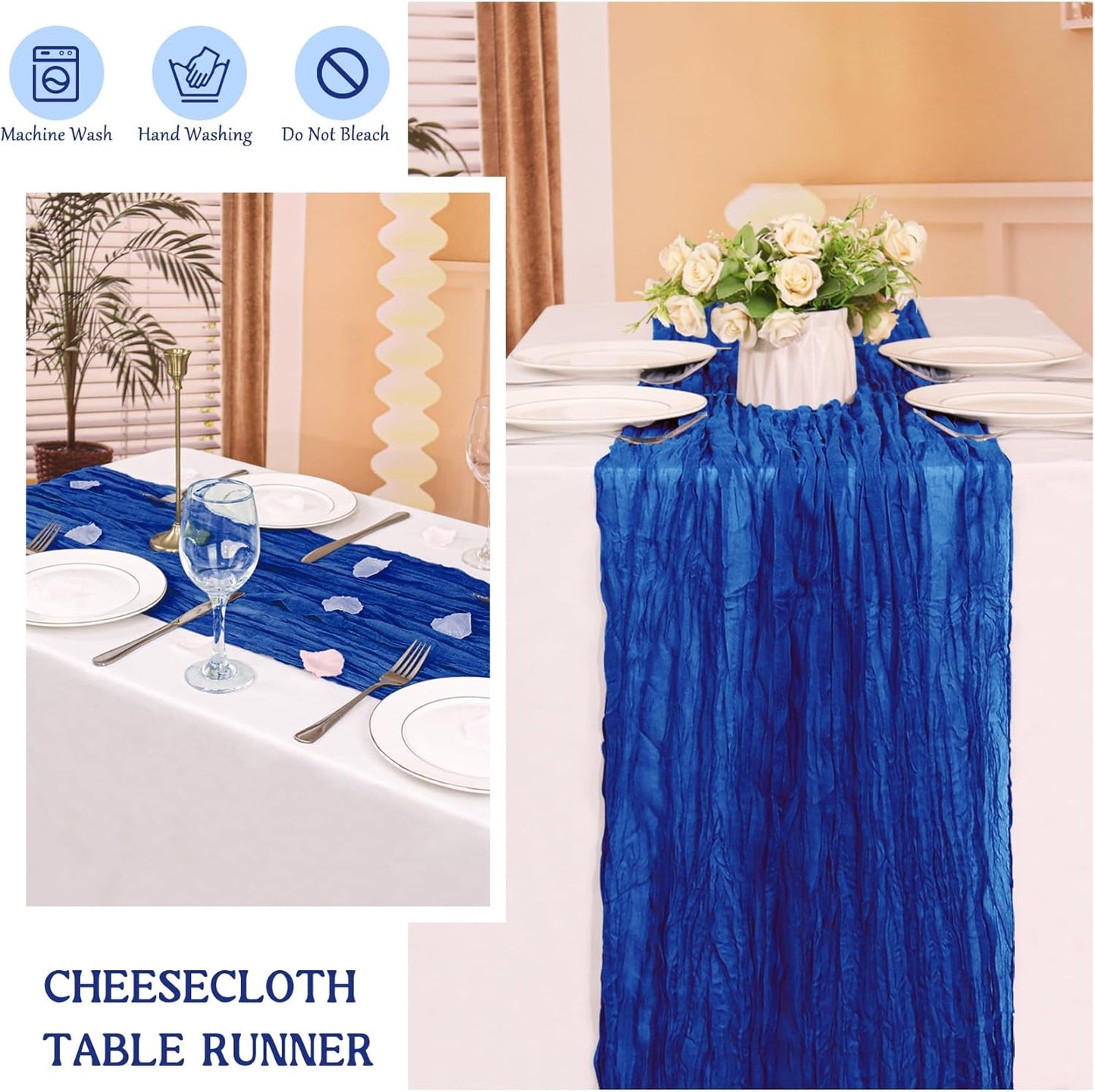 2 Pack 120 Inch Royal Blue Cheesecloth Table Runner Boho Rustic Gauze Sheer Romantic 10 FT Long Cheese Cloth Table Runner for Bridal Baby Shower Wedding Party Birthday Holiday Home Easter Decor