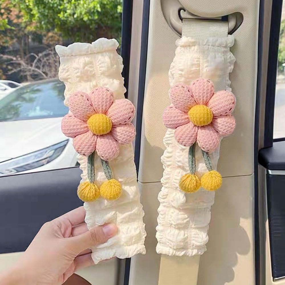 2 Pack Car Seat Belt Cover Pads, Soft Seat Belt Shoulder Pad with Petals, Cute Floral Car Seatbelt Covers Protector for Women Girls, Universal Fit for Cars (Pink)