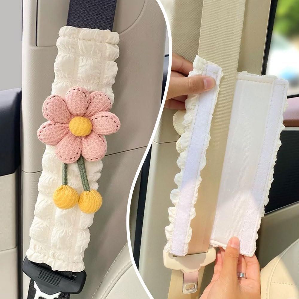 2 Pack Car Seat Belt Cover Pads, Soft Seat Belt Shoulder Pad with Petals, Cute Floral Car Seatbelt Covers Protector for Women Girls, Universal Fit for Cars (Pink)